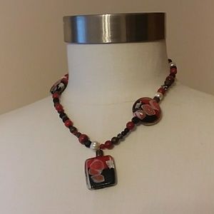 Black and red beaded asymmetric necklace